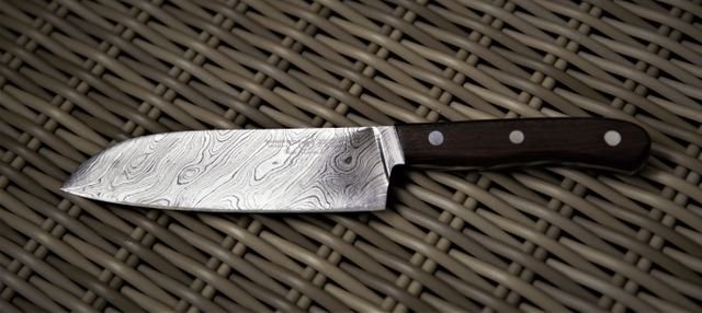 Damascus Steel Santoku Knife, Dark Wood Handle