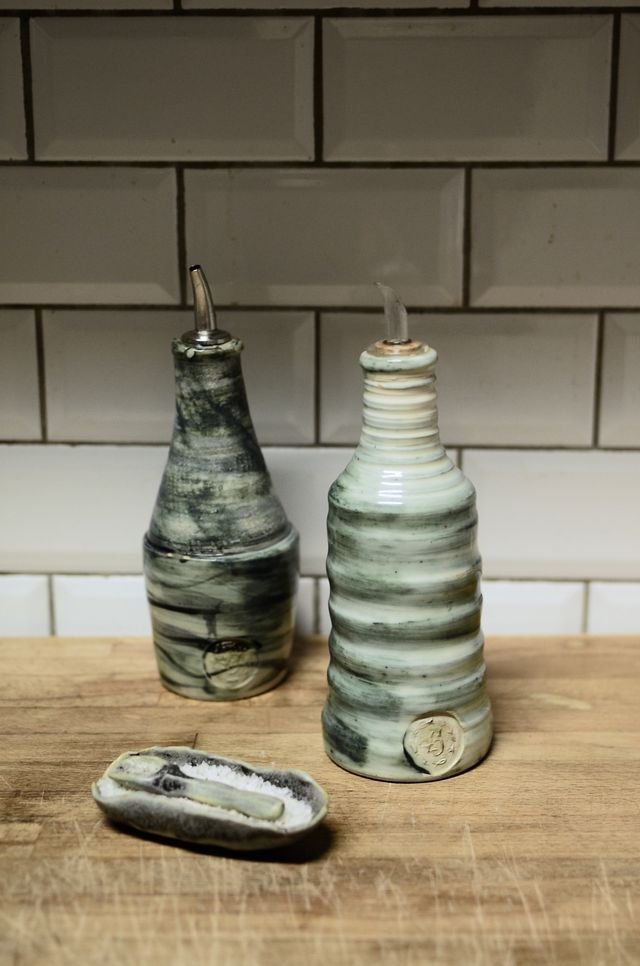 Swirl-Glazed Ceramic Oil Pourers with Salt Dish