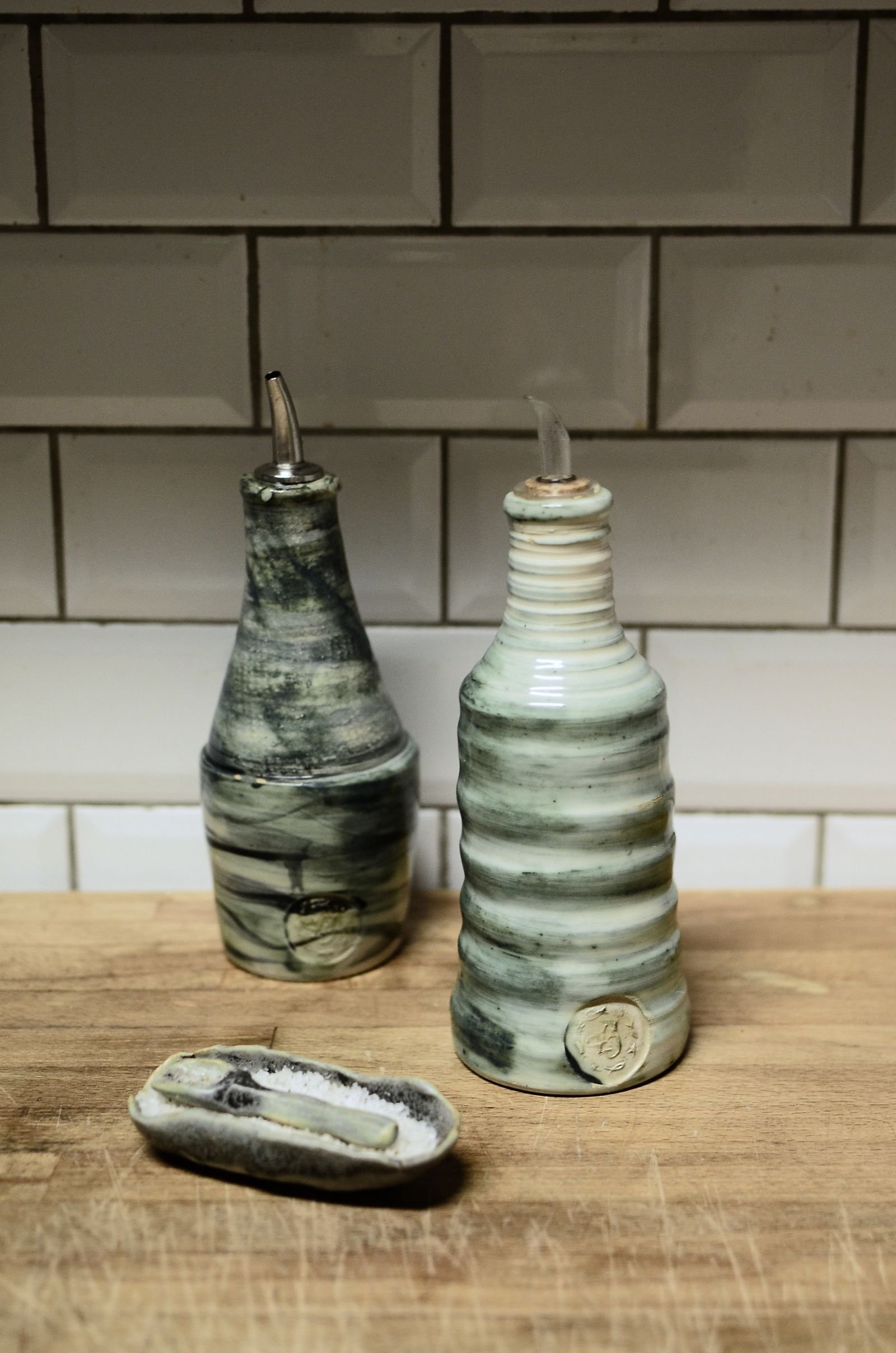 Swirl-Glazed Ceramic Oil Pourers with Salt Dish
