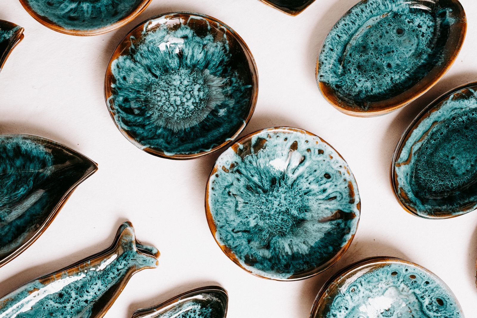 Turquoise Glazed Dipping Dishes, Round and Fish