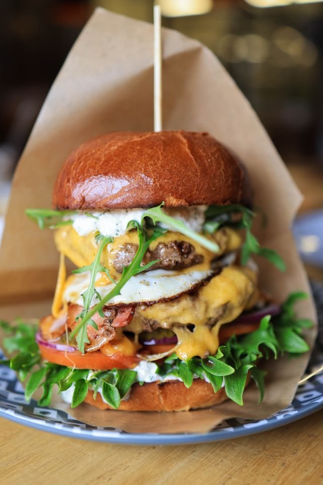 Bacon and Fried Egg Burger with Arugula