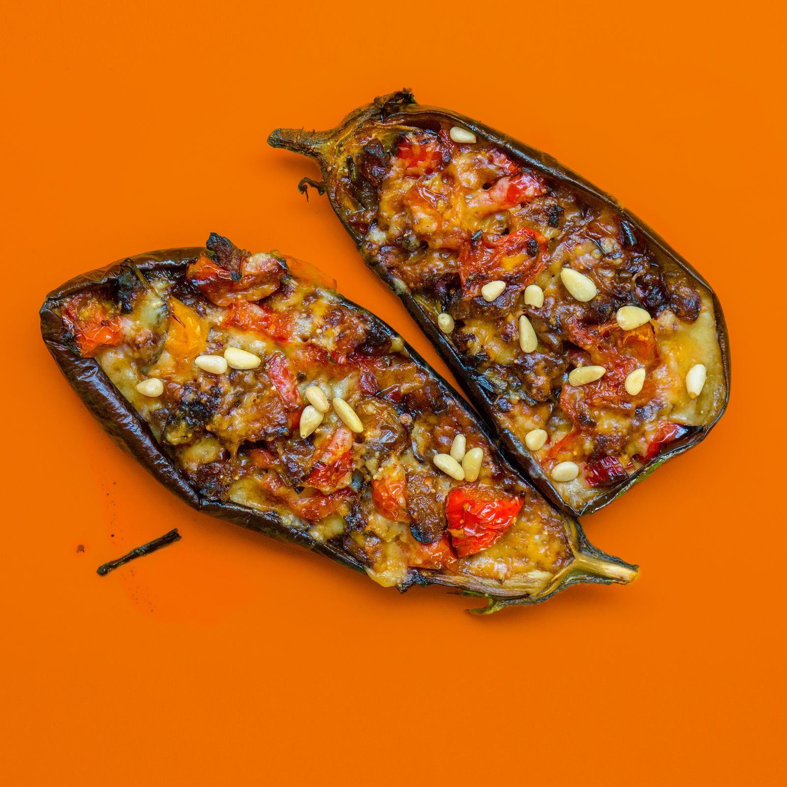 Baked Stuffed Eggplant with Tomatoes and Pine Nuts