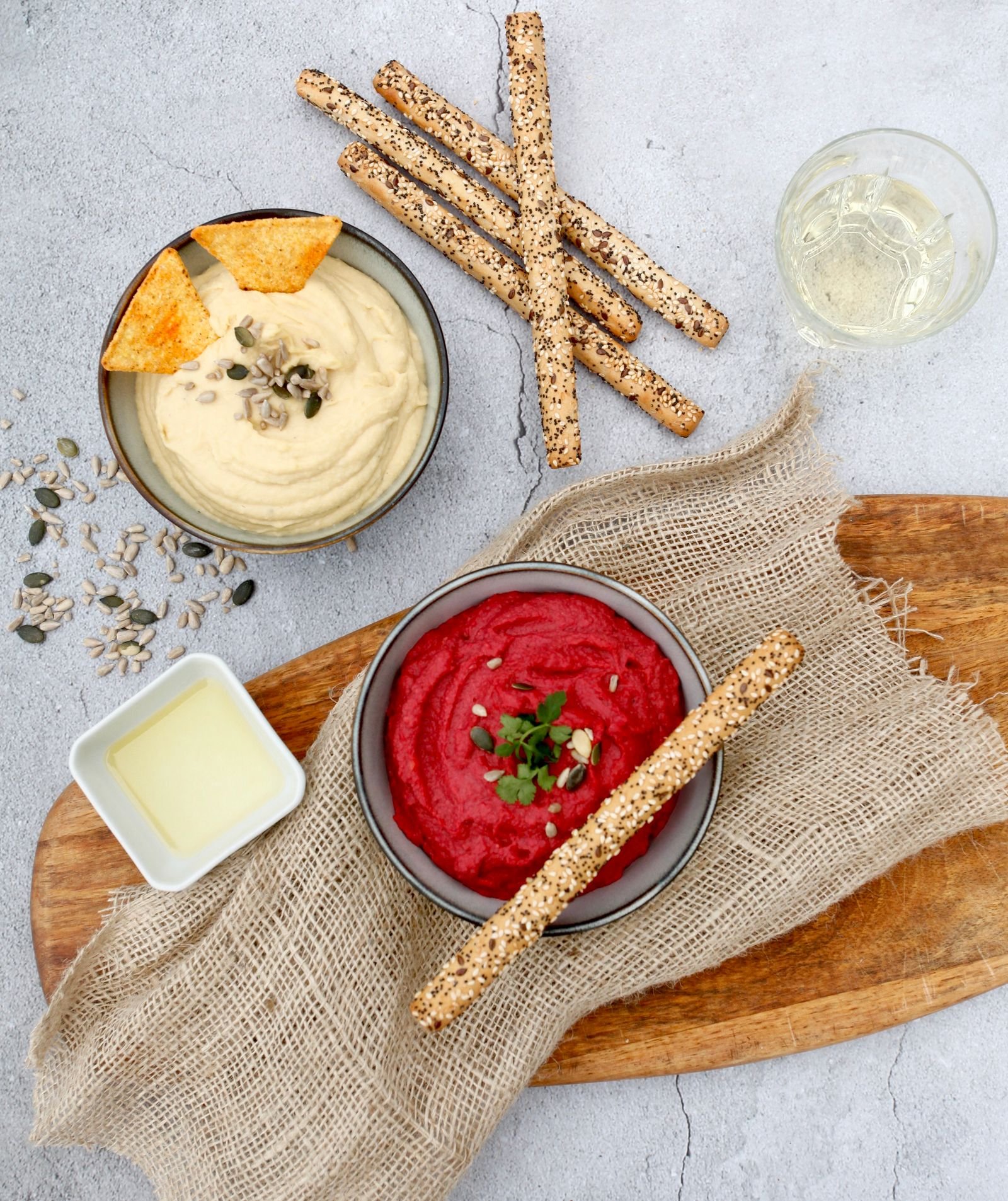 Beet Hummus and Classic Hummus with Breadsticks