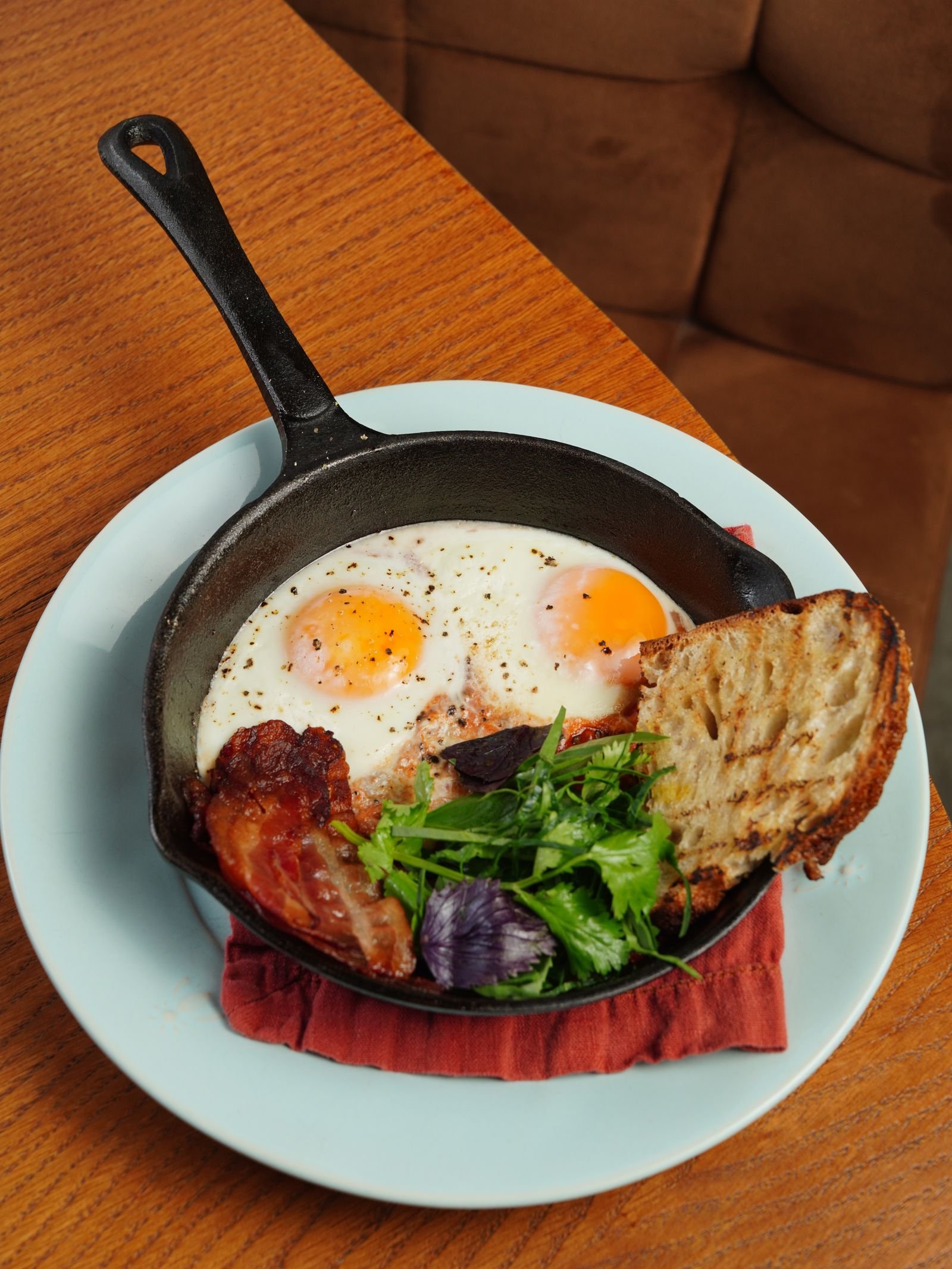 Cast-Iron Skillet Eggs with Bacon and Toast