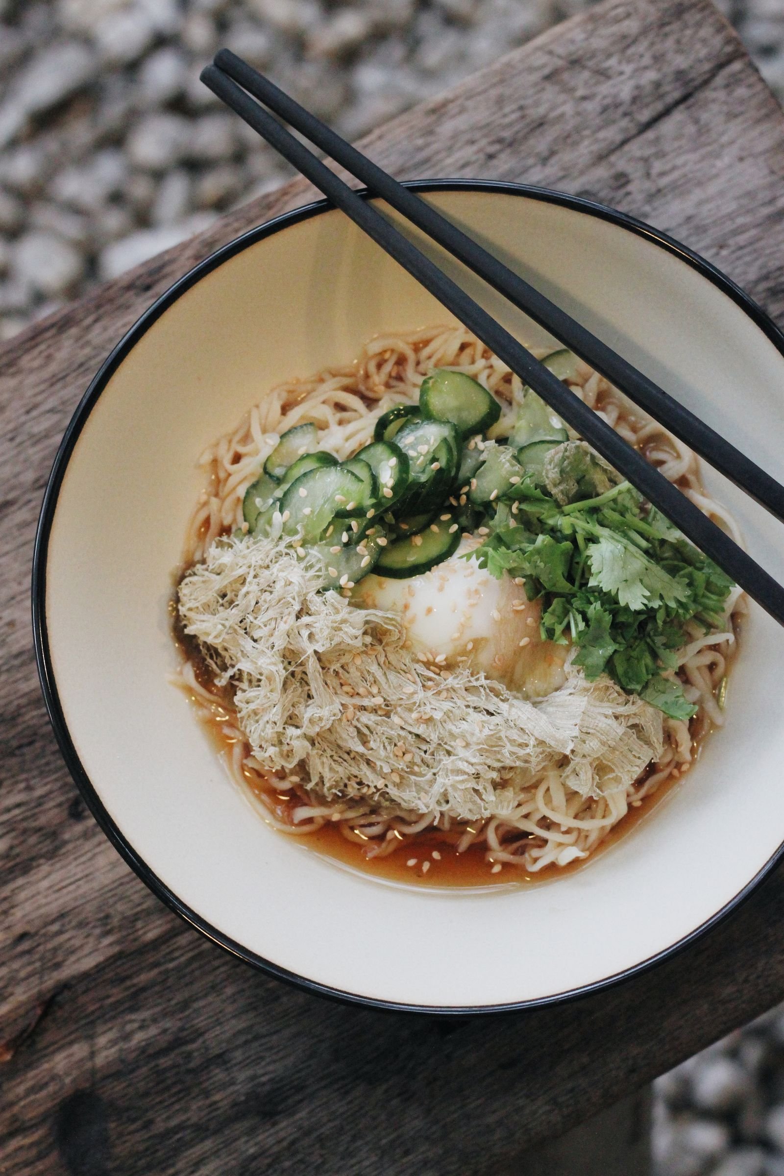 Chilled Soy Noodles with Soft Egg and Cucumber