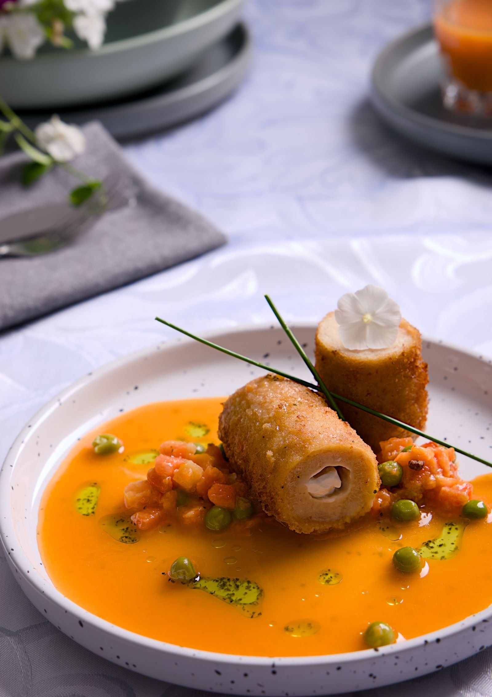 Crispy Chicken Roulade with Tomato Bisque Sauce