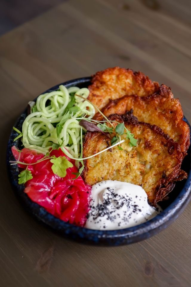 Crispy Potato Latkes with Pickled Beets and Sour Cream