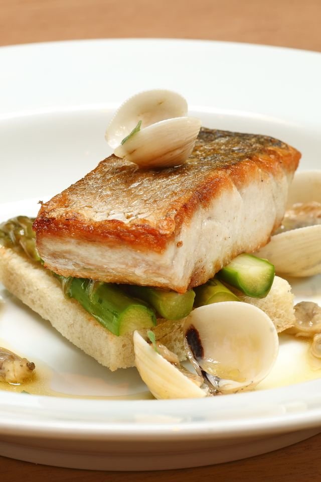 Crispy-Skin White Fish with Clams and Asparagus