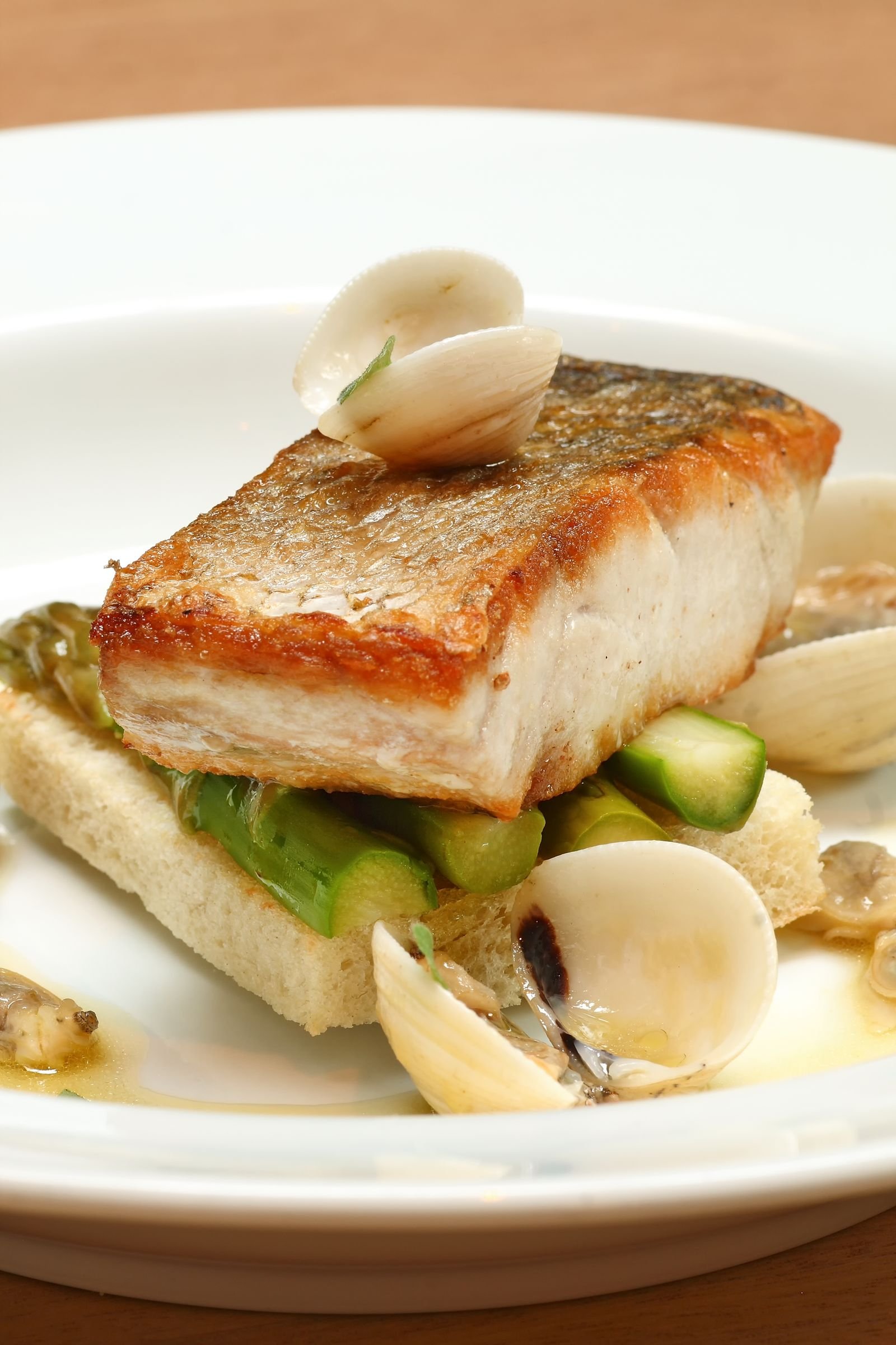 Crispy-Skin White Fish with Clams and Asparagus