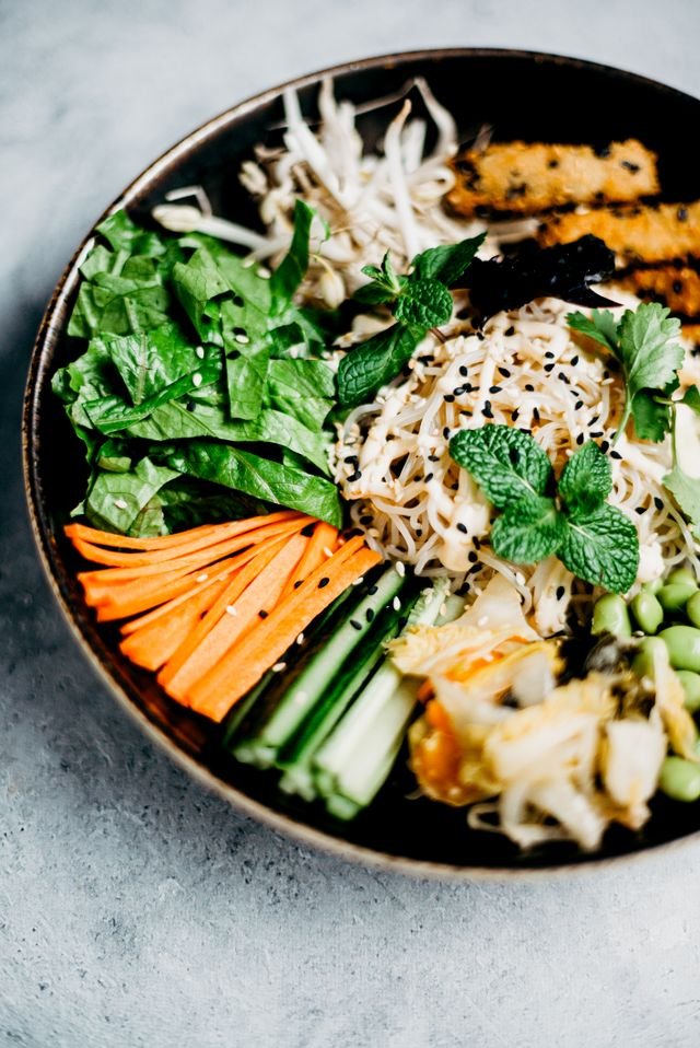 Crispy Tofu Noodle Salad Bowl with Mint