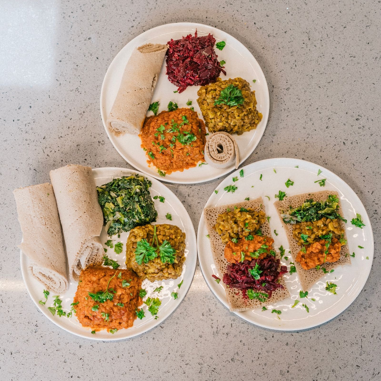 Ethiopian Injera Platter with Lentils and Greens
