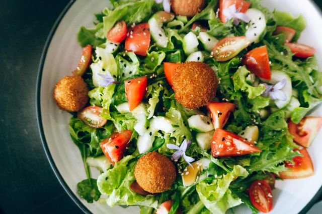 Falafel Salad with Tomatoes and Cucumber