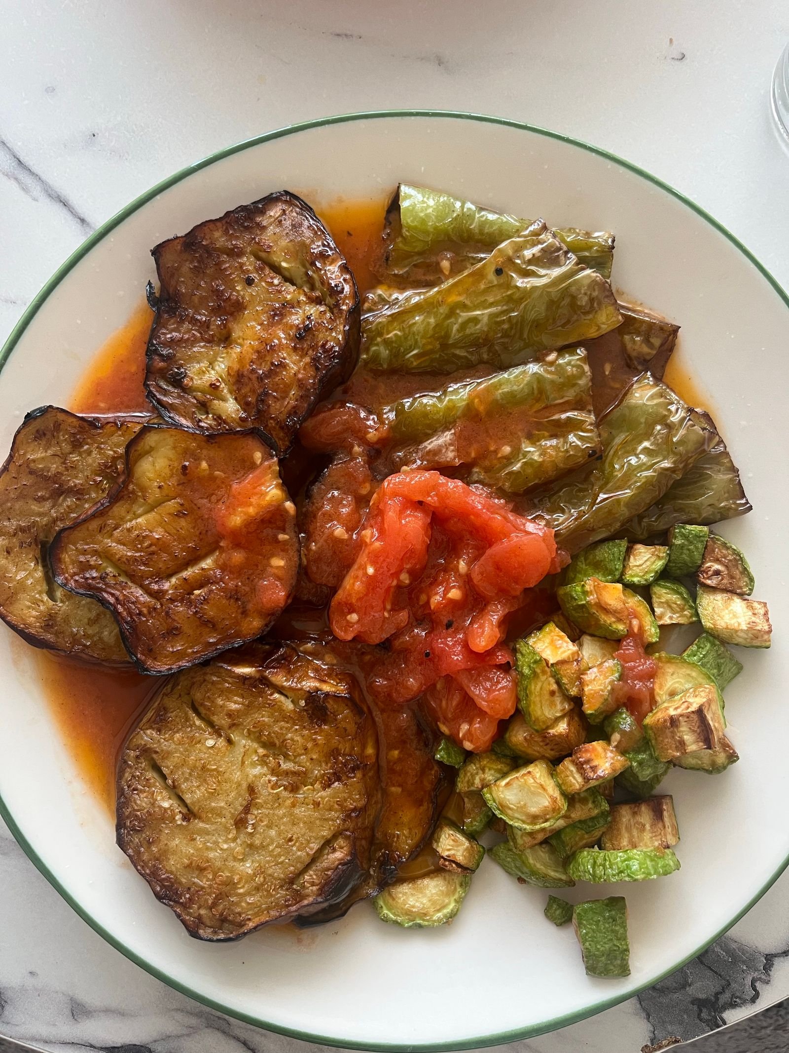 Fried Eggplant, Peppers and Zucchini with Tomato Sauce