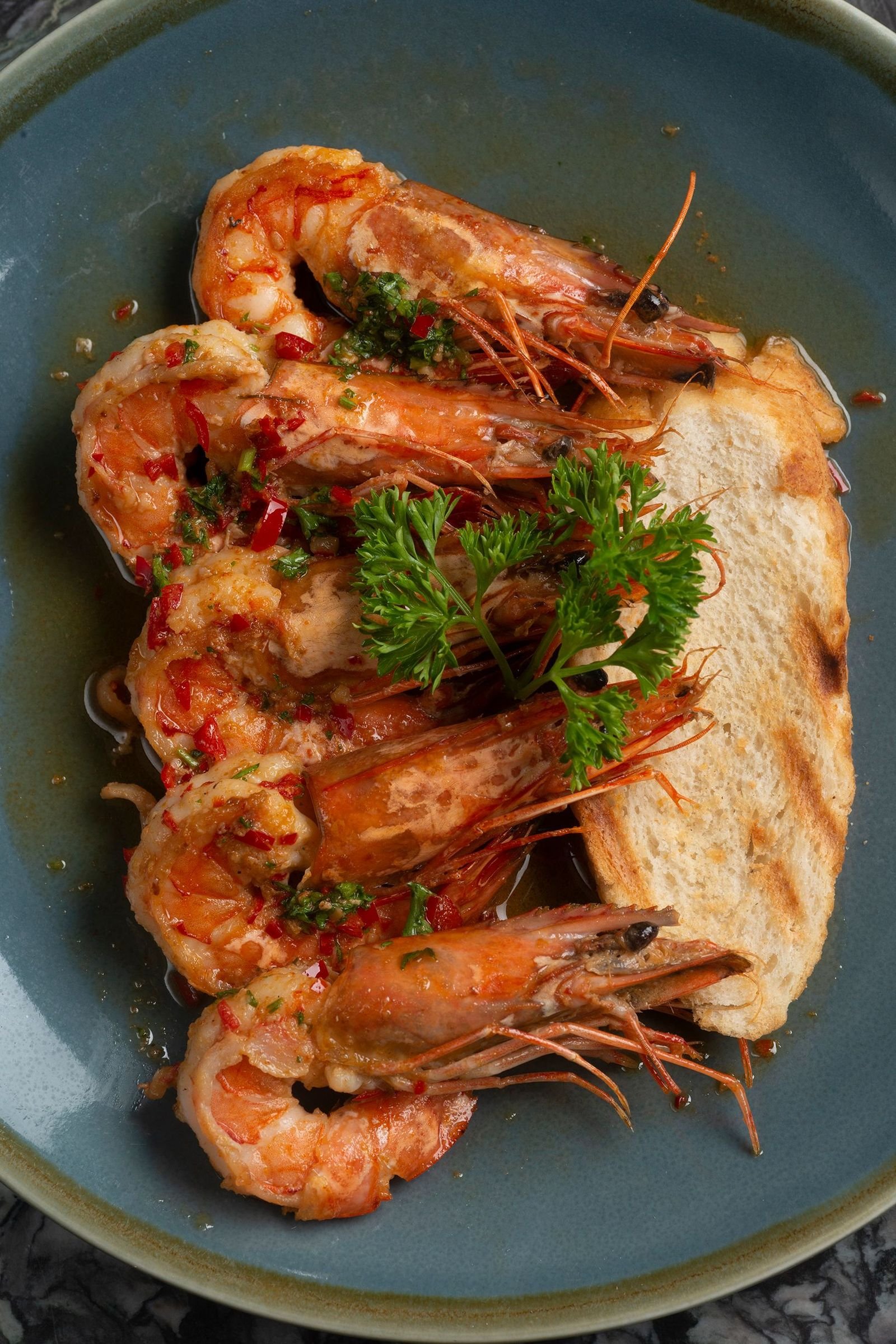 Garlic Chili Prawns with Grilled Toast