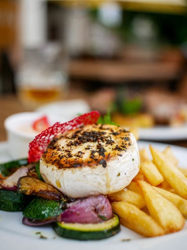 Grilled Camembert with Roasted Vegetables and Fries