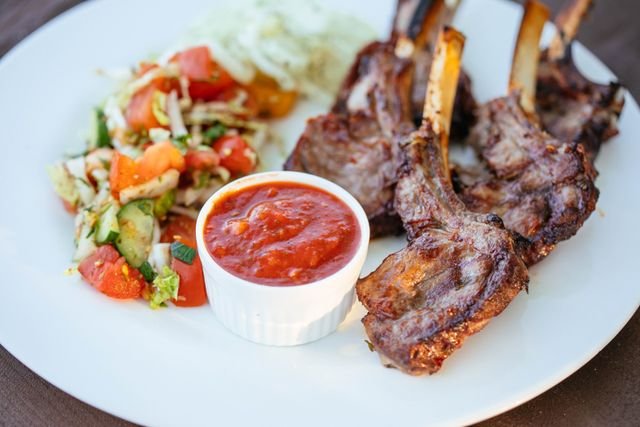 Grilled Lamb Chops with Tomato Dip and Salad