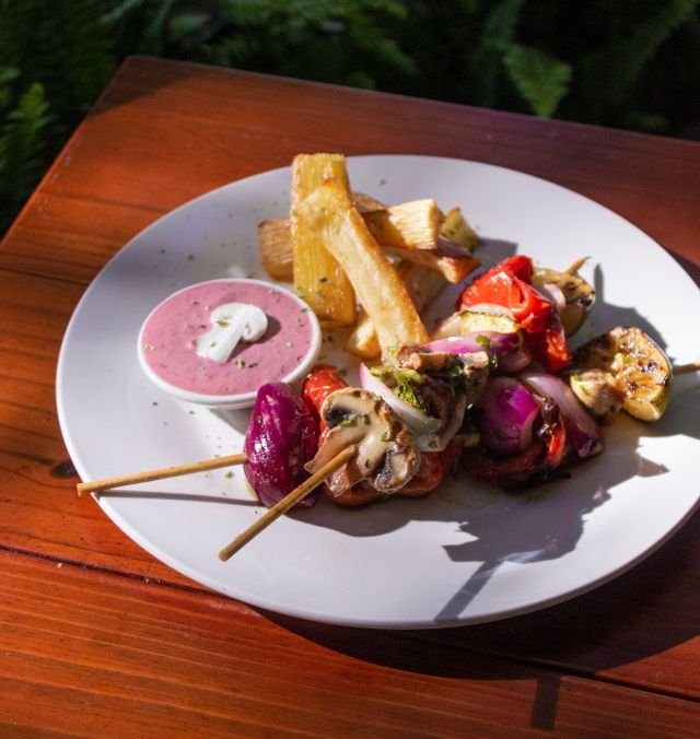 Grilled Vegetable Skewers with Fries and Beet Dip