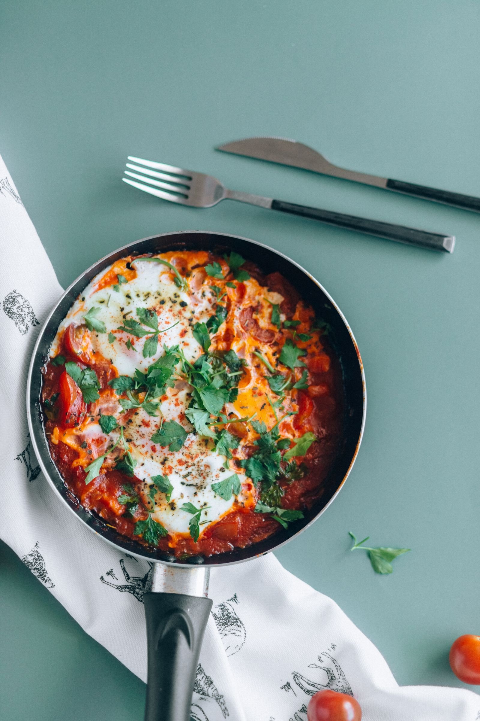 Harissa Tomato Eggs in a Skillet
