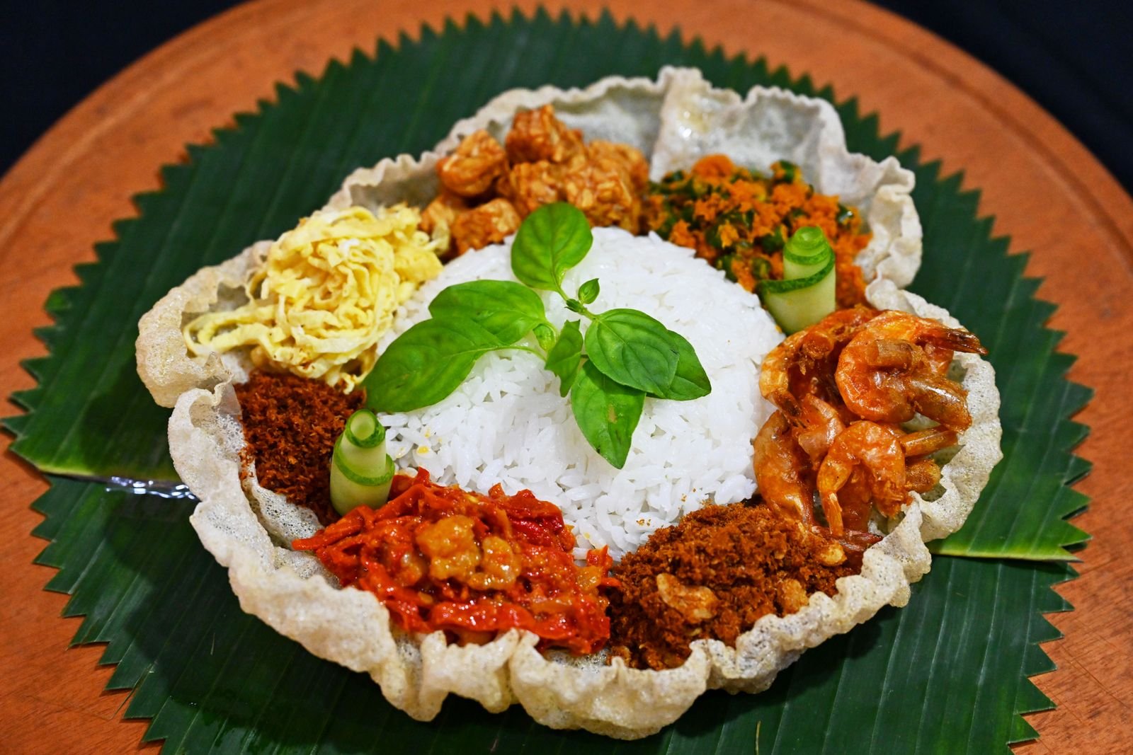 Nasi Langgi Rice Platter with Shrimp and Egg Ribbons