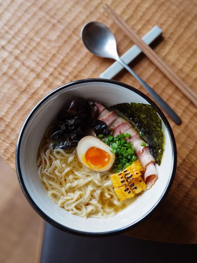 Ramen with Soft Egg, Pork and Charred Corn