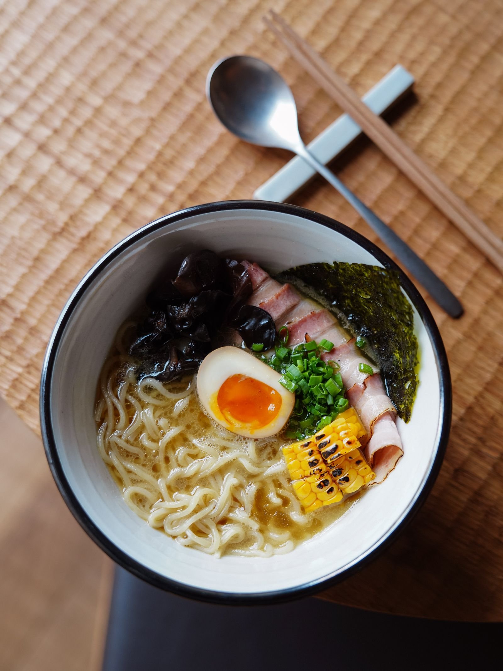 Ramen with Soft Egg, Pork and Charred Corn