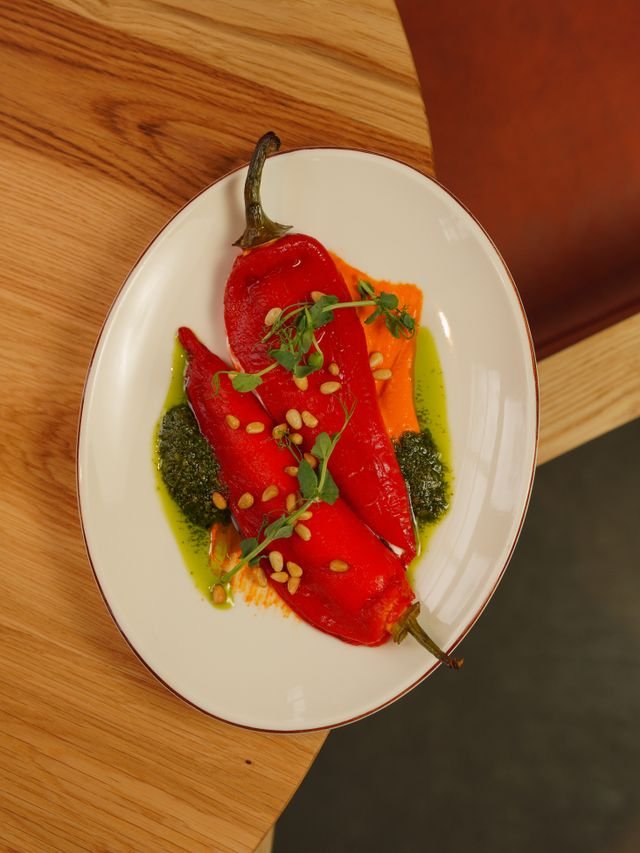 Roasted Red Peppers with Pesto and Pine Nuts