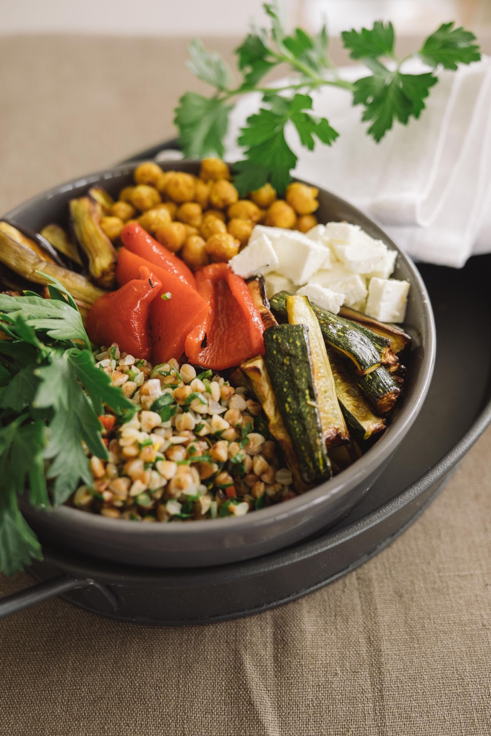 Roasted Vegetable Grain Bowl with Chickpeas and Feta