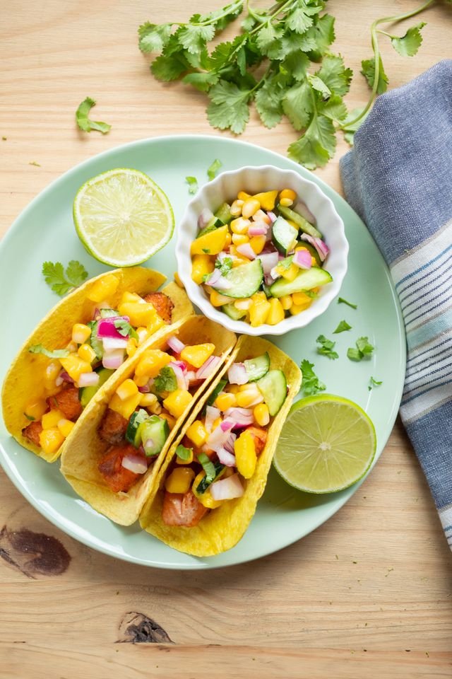 Salmon Tacos with Mango Cucumber Salsa