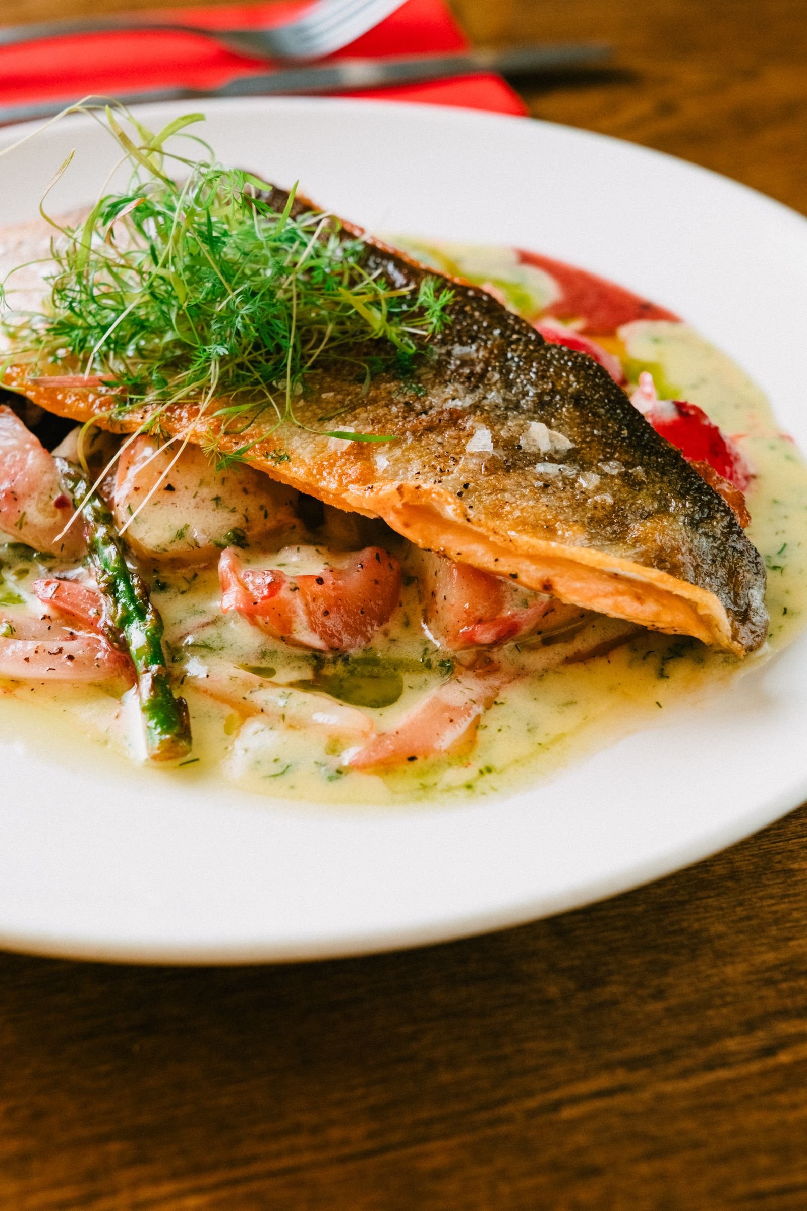 Seared Trout with Shrimp in Dill Cream Sauce