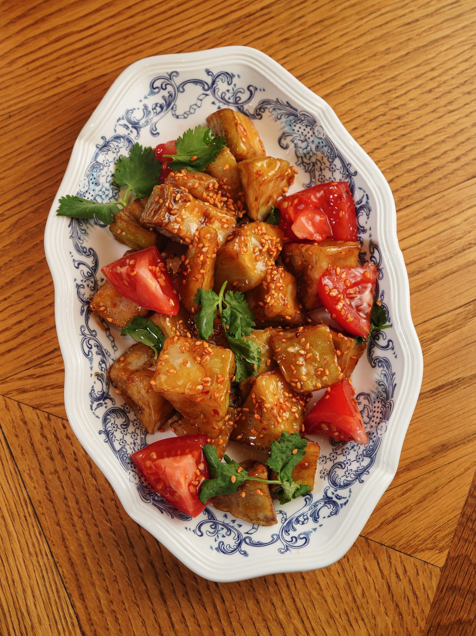 Sesame Glazed Eggplant with Tomatoes and Cilantro