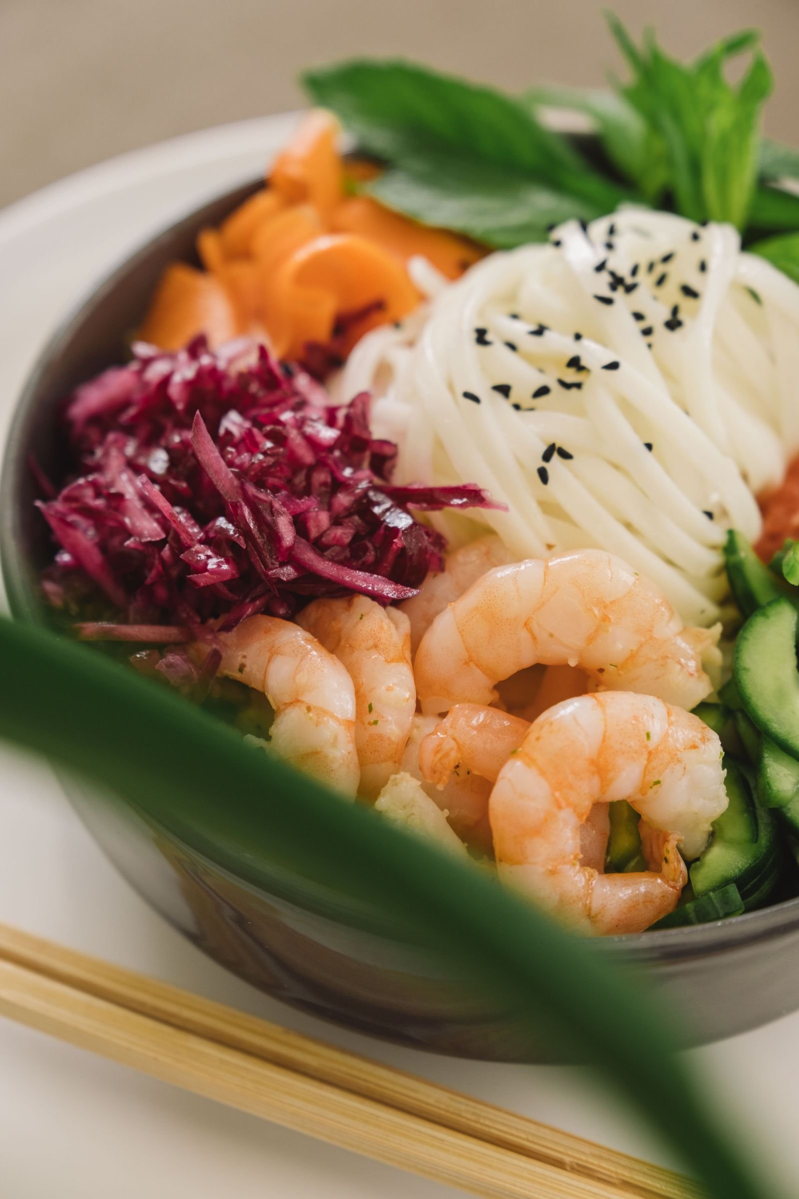 Shrimp Rice Noodle Bowl with Pickled Red Cabbage