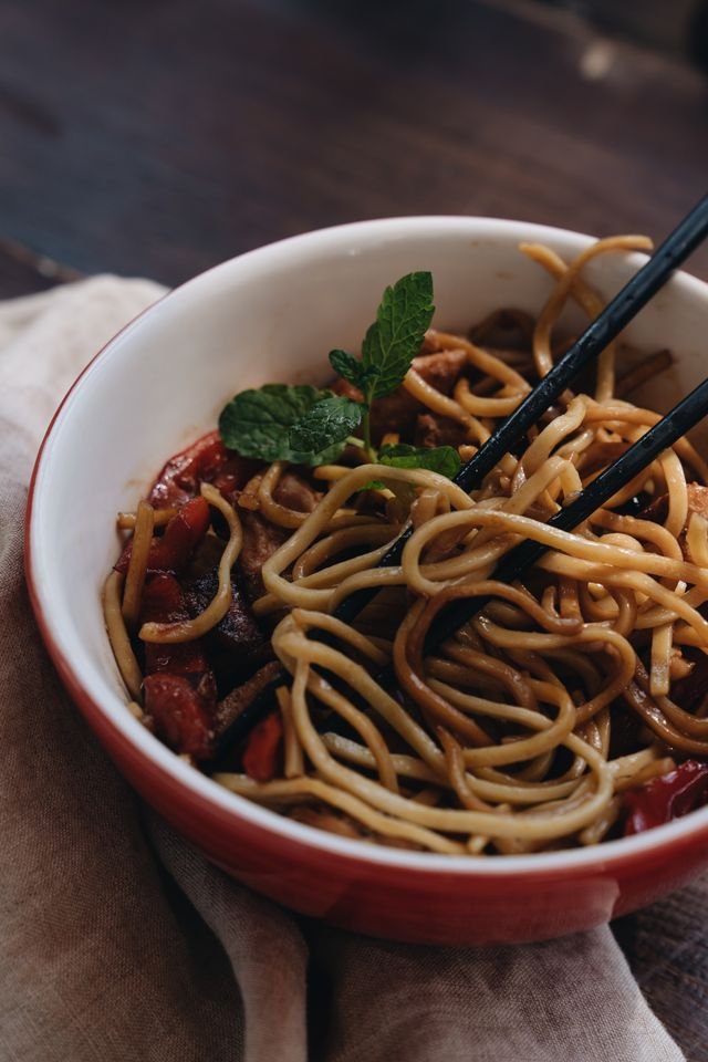 Soy-Glazed Lo Mein with Beef and Red Peppers