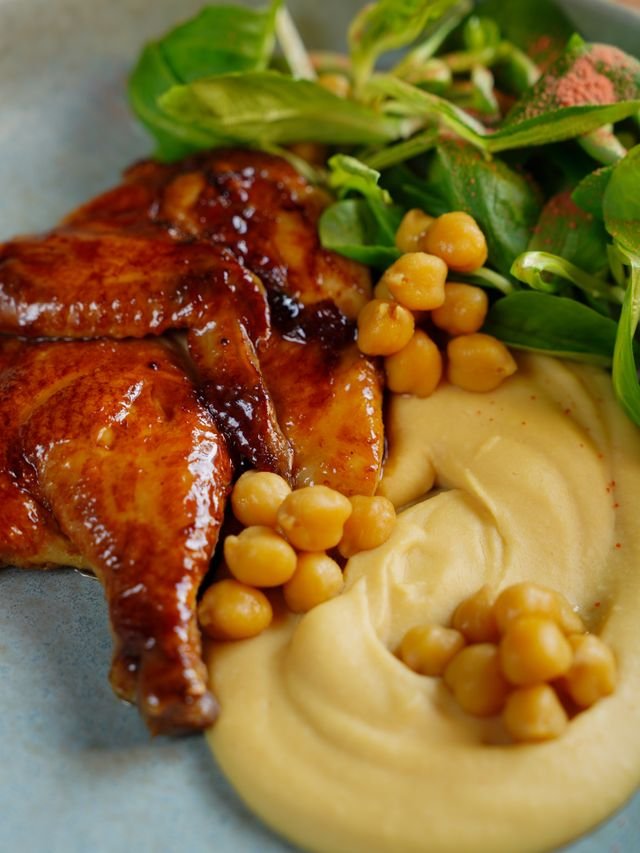 Sticky Glazed Roast Chicken with Hummus and Chickpeas