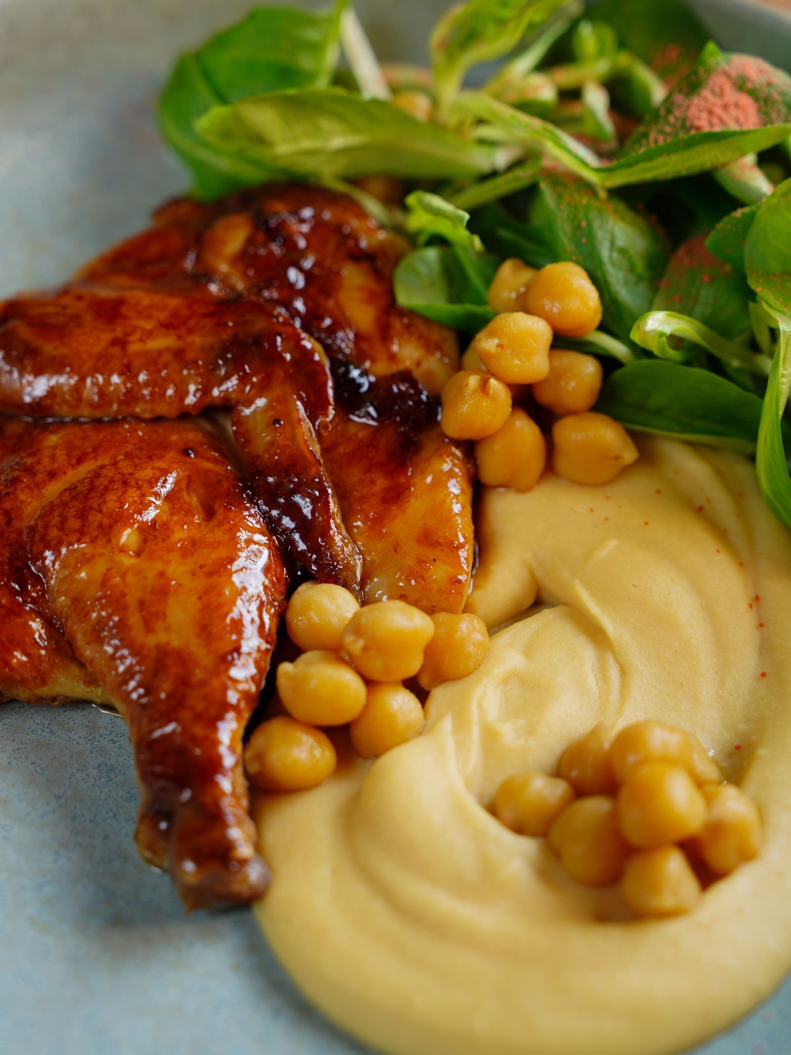 Sticky Glazed Roast Chicken with Hummus and Chickpeas