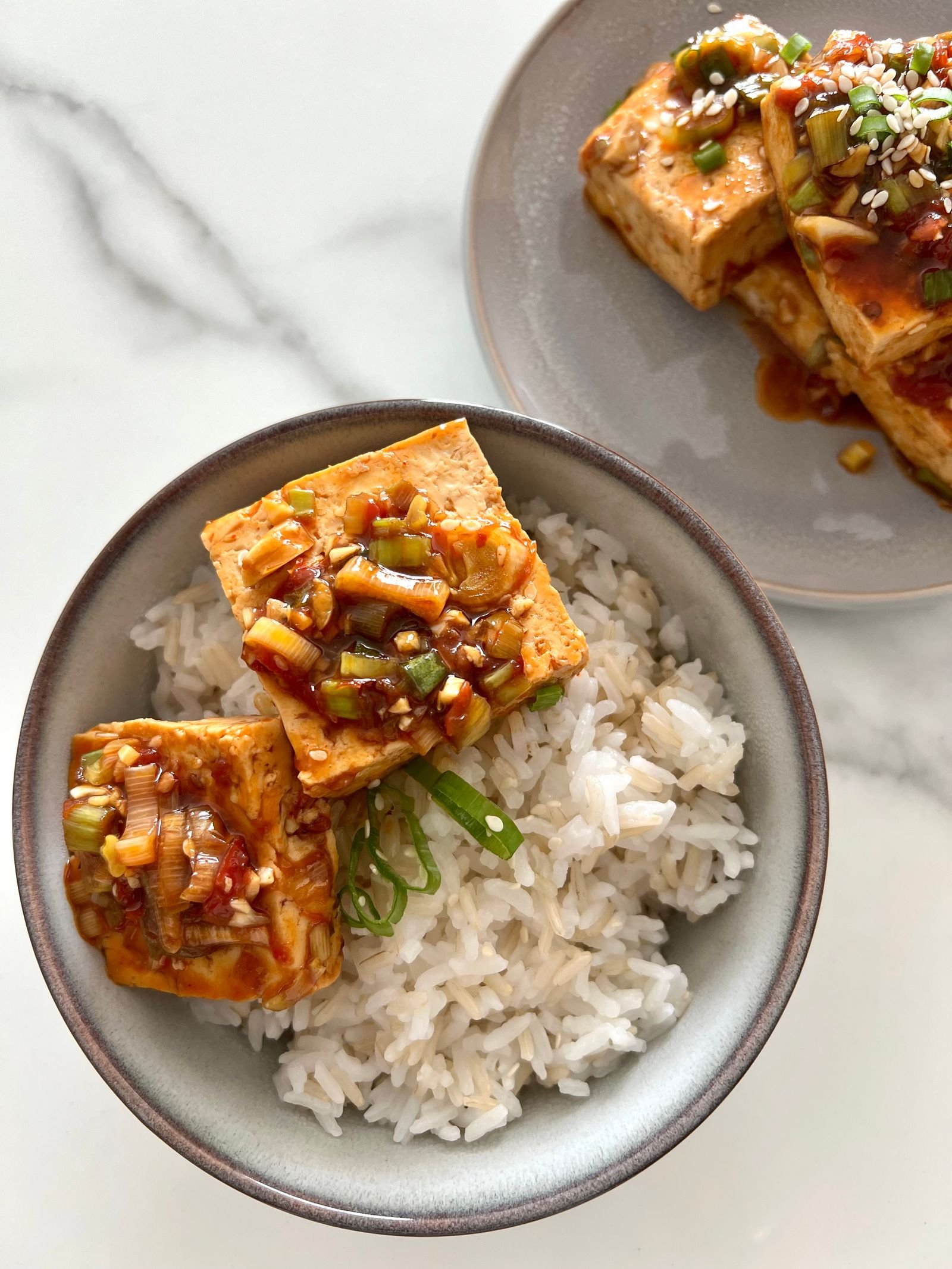 Sticky Glazed Tofu over Steamed Rice
