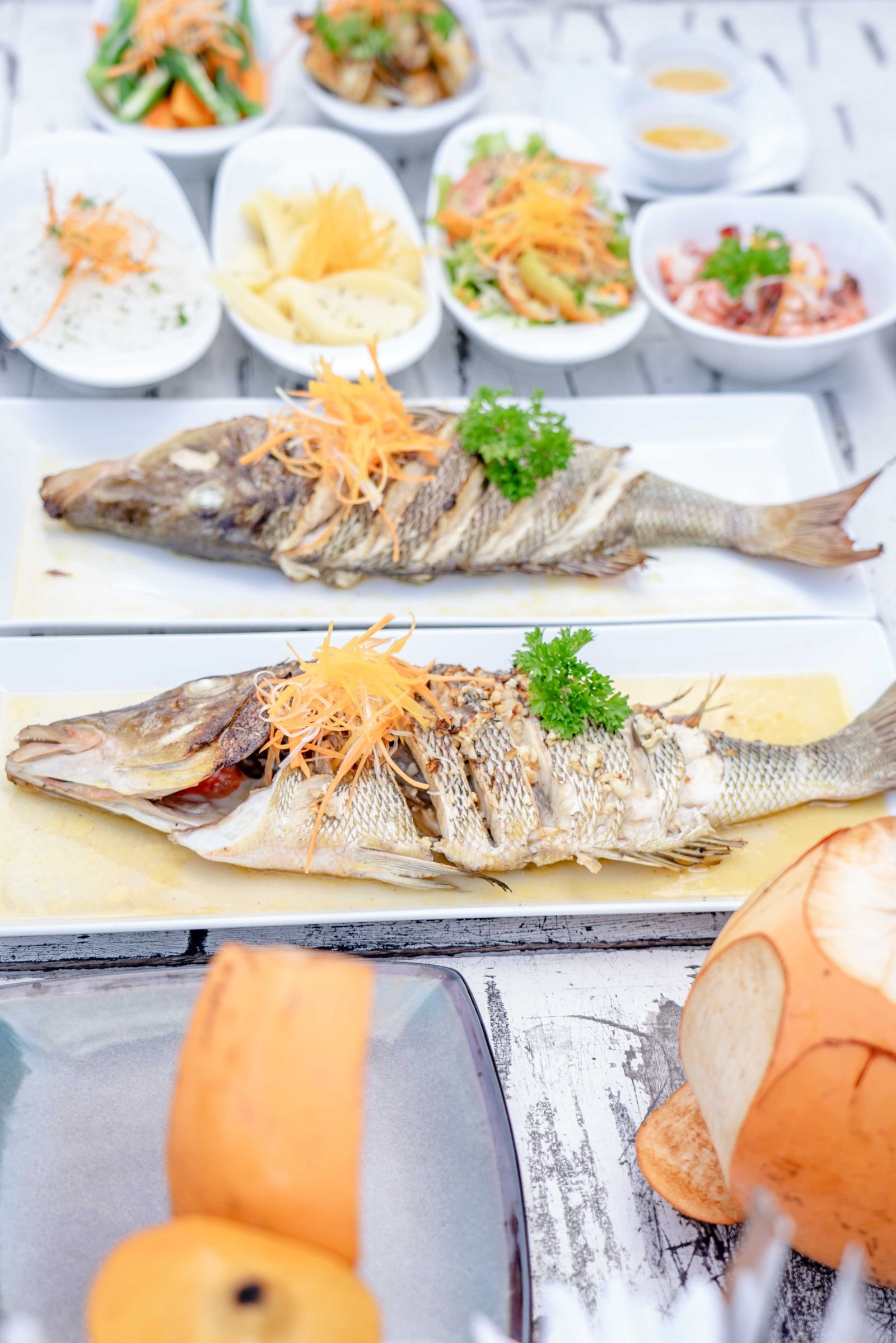 Whole Grilled Sea Bass with Carrot Slaw