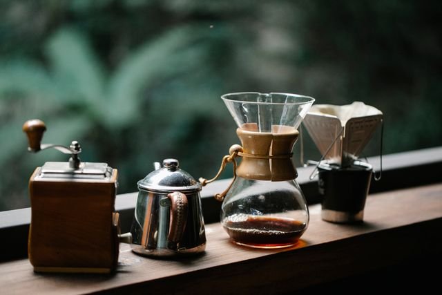 Coffee grinder, kettle and pour-over