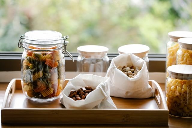 Glass pantry jars on a tray