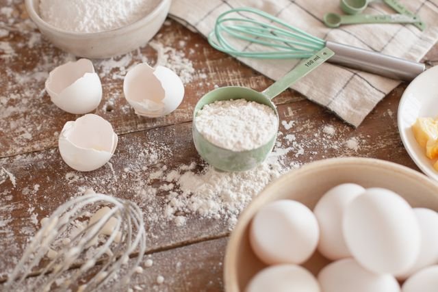 Flour, eggs and whisk