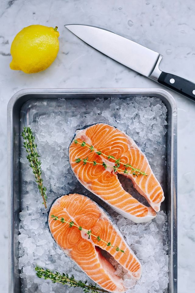 Salmon steaks on ice
