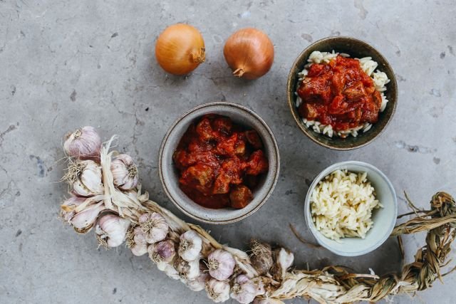 Onions, garlic and tomatoes